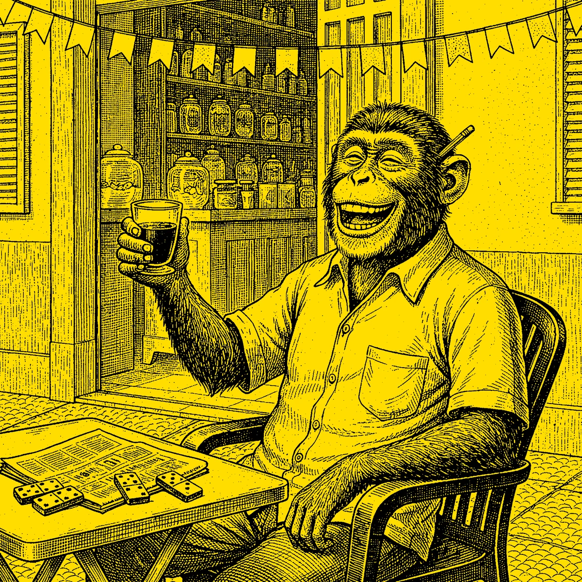 O Coroa gargalhando e brindando com café na calçada do boteco